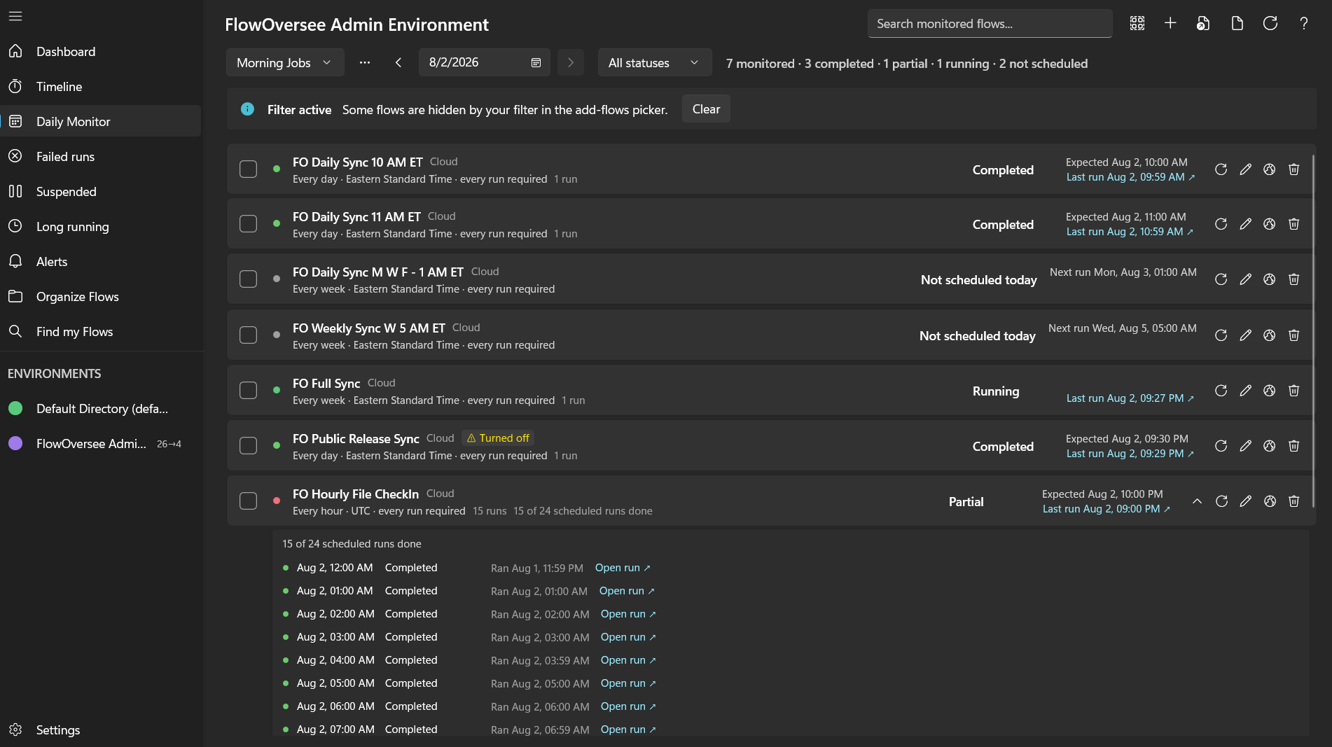 FlowOversee Daily Monitor showing a day's checklist of scheduled Power Automate flows marked completed, partial, running, or not scheduled, with expected and actual run times