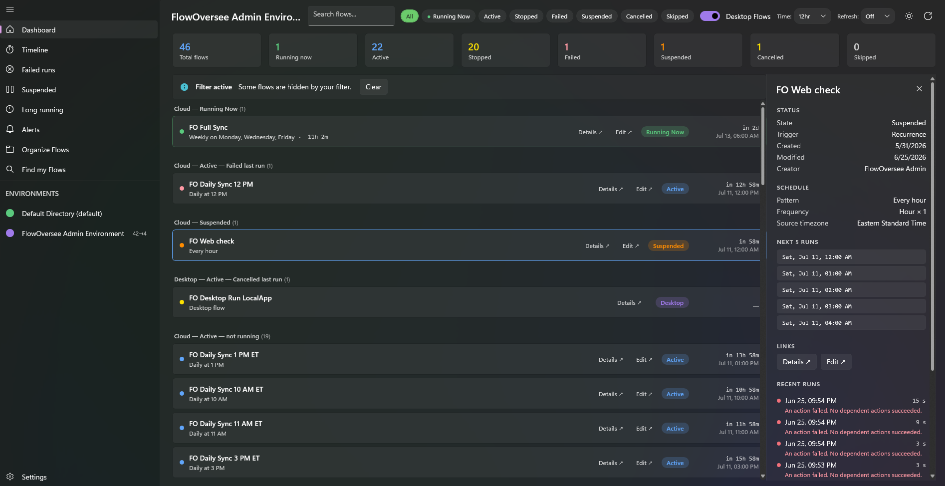 FlowOversee details panel showing a flow's run history, schedule, and error details