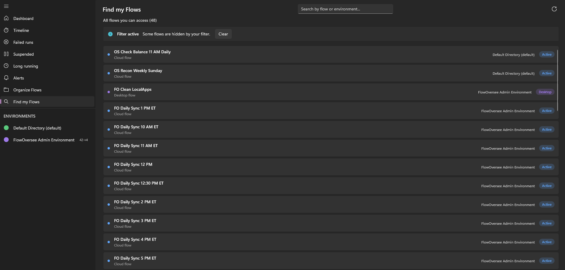 FlowOversee Find my Flows page listing every flow across all environments in one searchable list