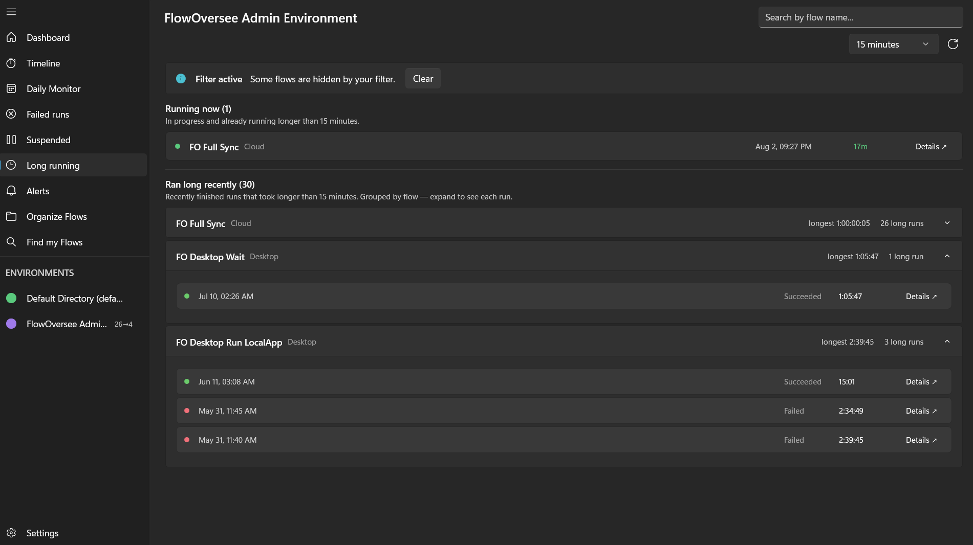 FlowOversee Long running page showing a flow currently running past its threshold and a grouped history of recent runs that finished long