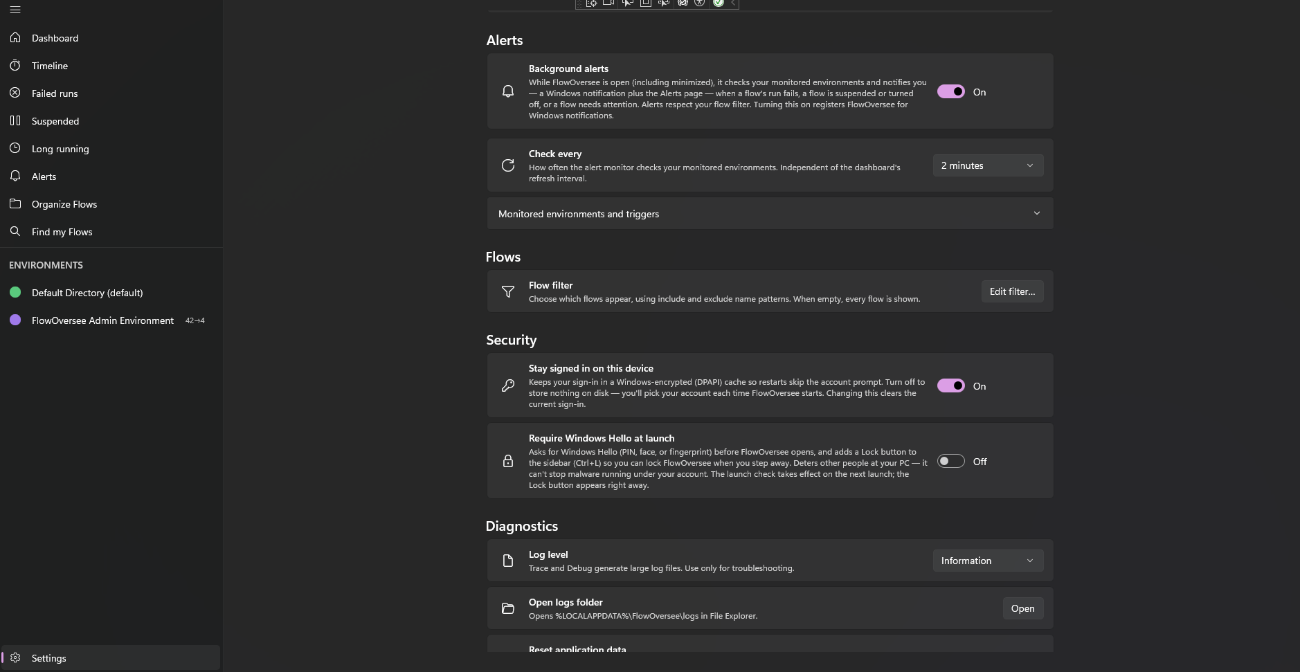 FlowOversee alert settings showing monitored environments, triggers, and check interval